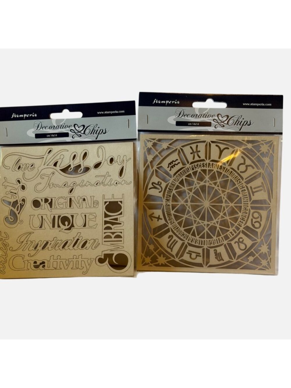 Stamperia Decorative Chips Zodiac Wheel Set Love Joy Words Laser Cutouts